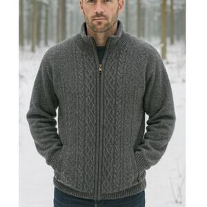 Aran Woolen Mills SZ L Farmleigh Lined Wool Men's Cardigan Grey Full Zip Pockets